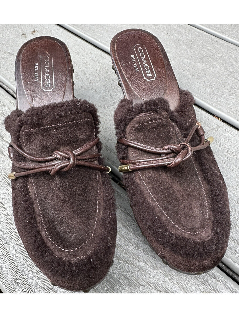 Coach Women’s Suede Mule Clogs Wooden Sole Fur Stud Accents Sz 8B Italy